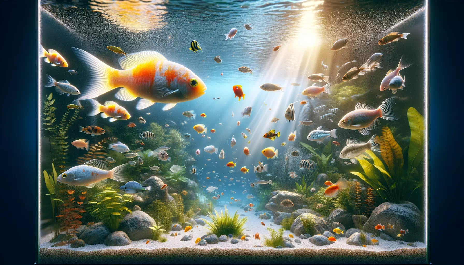 interaction of GloFish with other aquarium species. The image should depict a highly detailed and realistic
