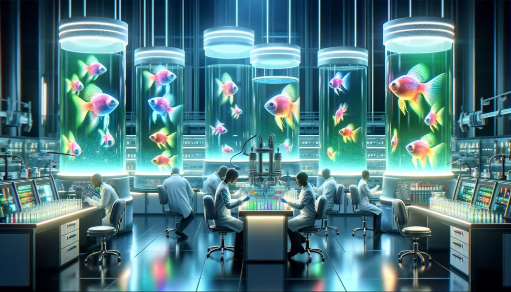 laboratory setting with a cinematic feel, showcasing the process of creating new GloFish. Include scientists in lab coat