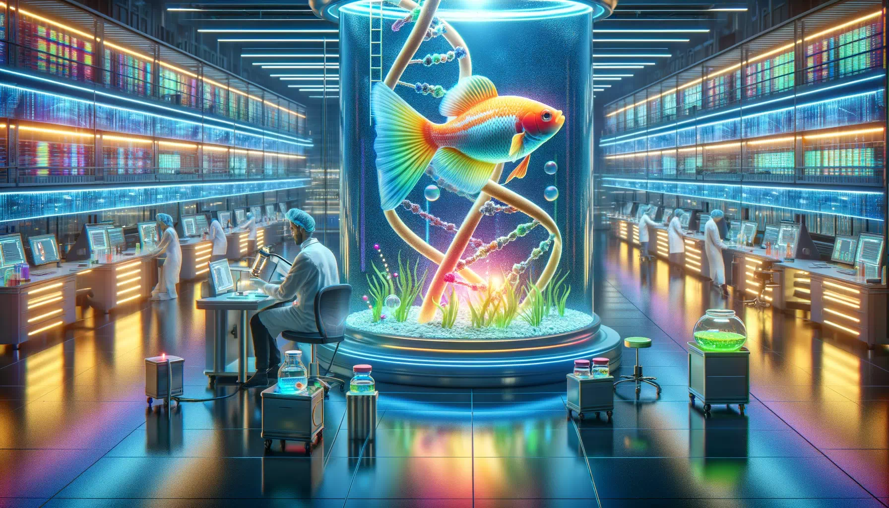 laboratory with a cinematic feel, focusing on the genetic modifications that give GloFish their color. Show scientists work