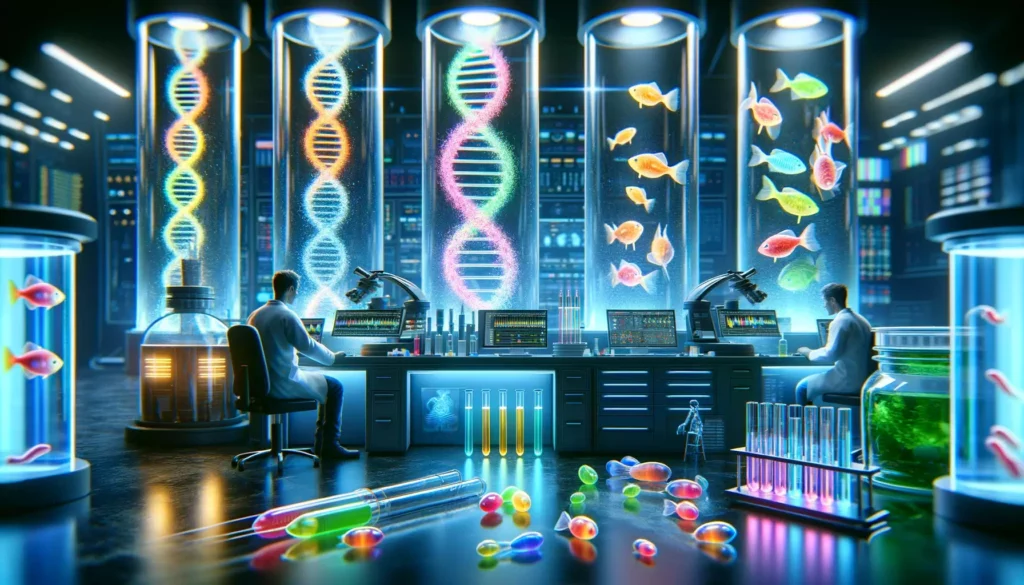 laboratory with scientists researching fluorescent proteins, genetic materials, and fish embryos, symbolizing the genetic origins