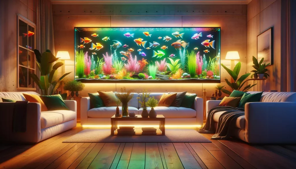living room featuring a large, beautifully arranged aquarium filled with popular GloFish colors. The room is warmly lit, creating
