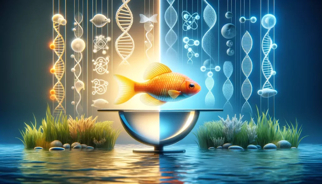llustrates the balance between innovation and ethics in genetic modification of GloFish. The image depicts a Gl