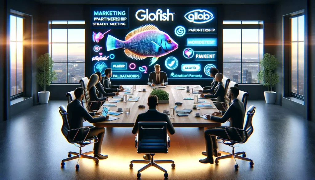 marketing and partnership strategy meeting for GloFish, depicting a modern and vibrant office setting. The scene should