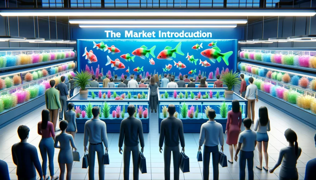 portraying the market introduction and public response to GloFish. The scene should depict a vibrant pet store with GloFish i