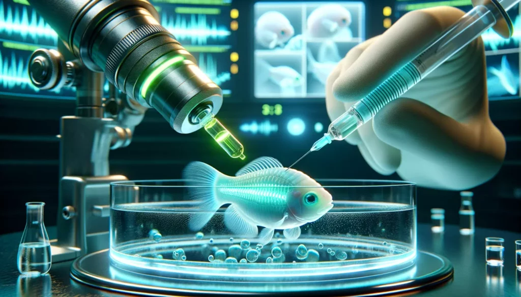 process of genetically modifying GloFish in a laboratory. The scene should include a close-up view of a fish embryo being
