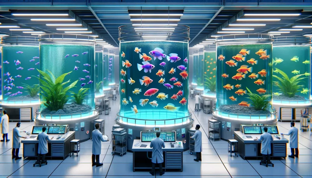 process of selection and crossbreeding in the creation of GloFish, in a realistic and cinematic style. The image should s