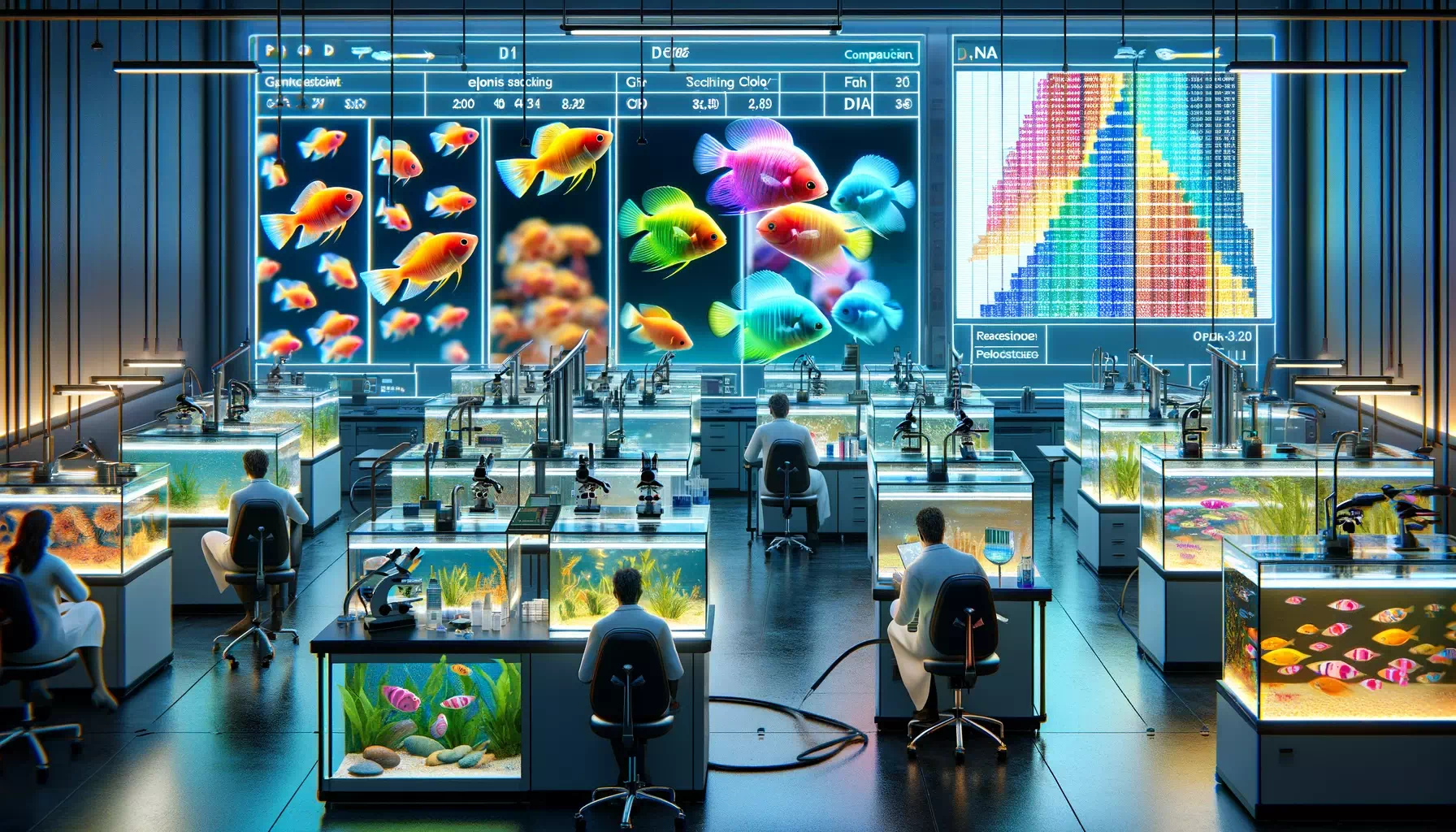 rendering of a genetics research facility studying variations in GloFish species and colors. The scene should depict scientists examini