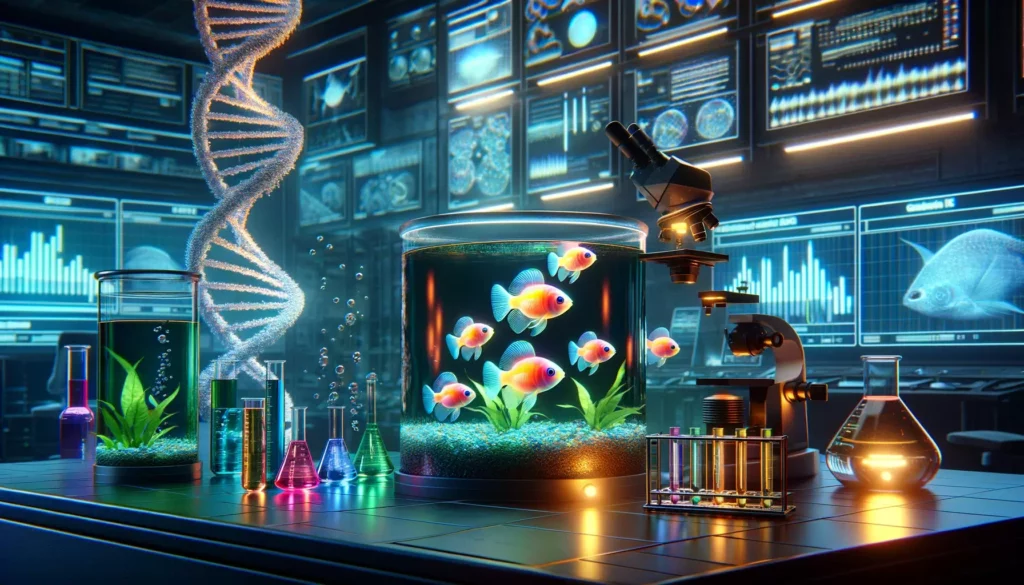 scientific environment with a focus on genetic modifications in GloFish. The scene includes a high-tech laboratory with