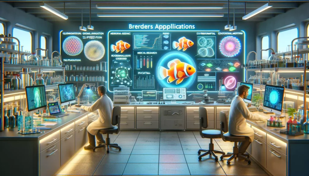 scientific laboratory exploring the broader applications of GloFish genetic research. The scene should include scientist