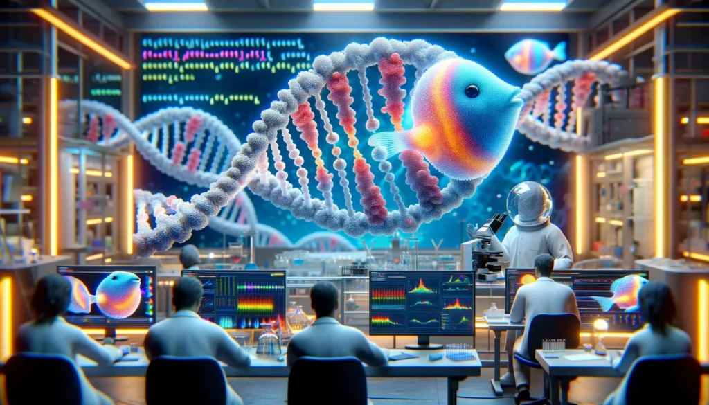 scientific process, depicting a lab scene where researchers are identifying genes responsible for color changes in GloFish. The im