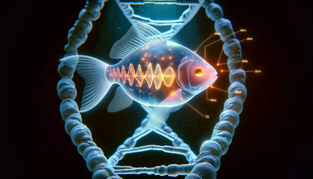 showcasing a GloFish with a translucent body, through which a highlighted representation of its DNA is visible