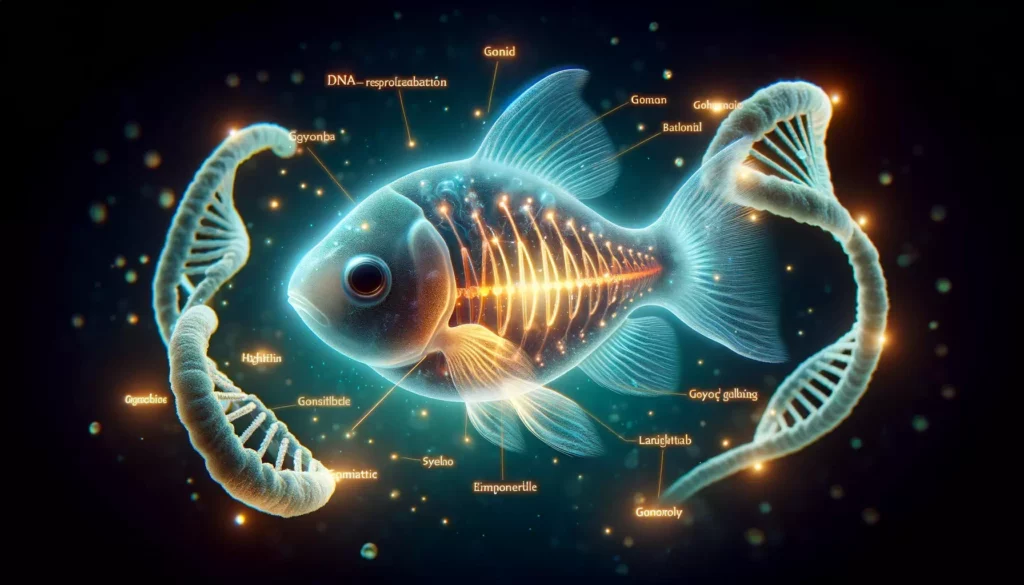 showcasing a GloFish with a translucent body, through which a highlighted representation of its DNA is visible. Key genes res