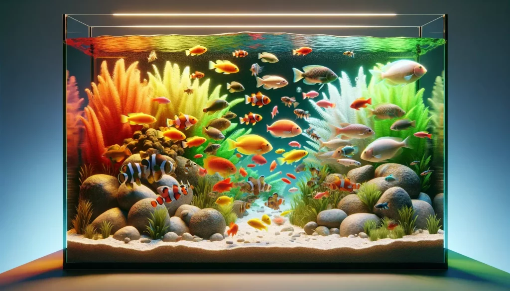 showcasing a mixed aquarium with both GloFish and non-GloFish species. The scene should vividly illustrate the interac