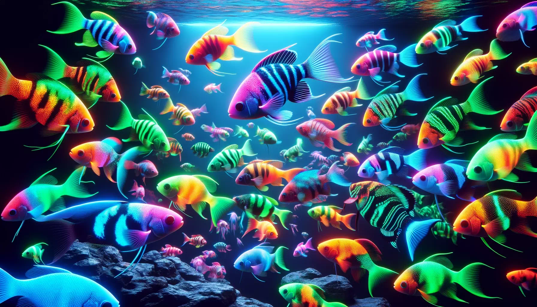 showcasing a variety of GloFish, focusing on their unique features such as vibrant colors, distinctive patterns,