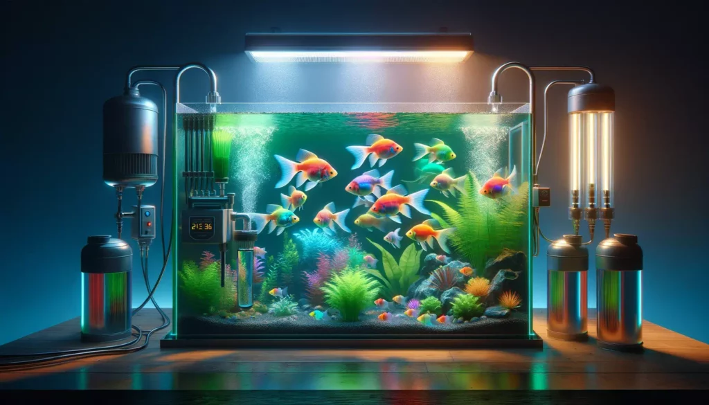 showcasing optimal water conditions and tank setup for breeding GloFish. The scene depicts a well-maintained aquarium environment, w