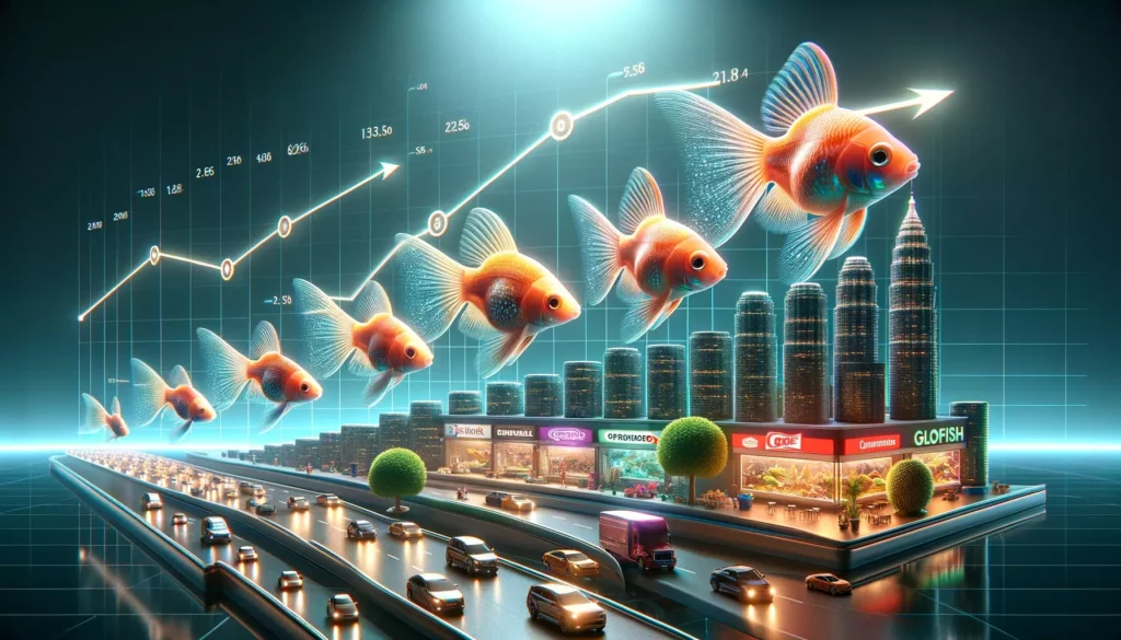 showcasing the market evolution of GloFish since their introduction. The image should depict a timeline with