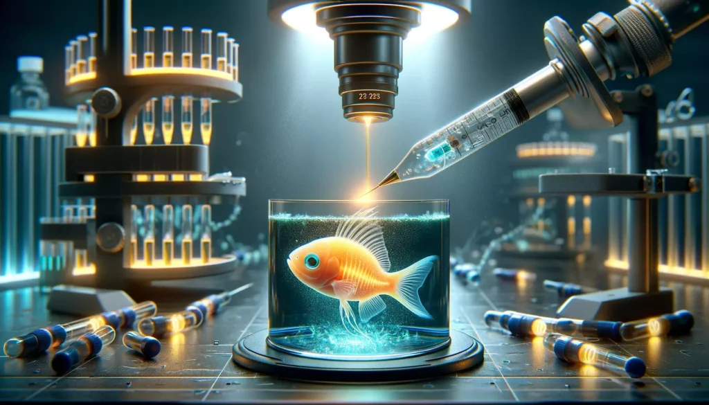 showcasing the method of introducing glowing genes into GloFish. The scene is set in a scientific laborato