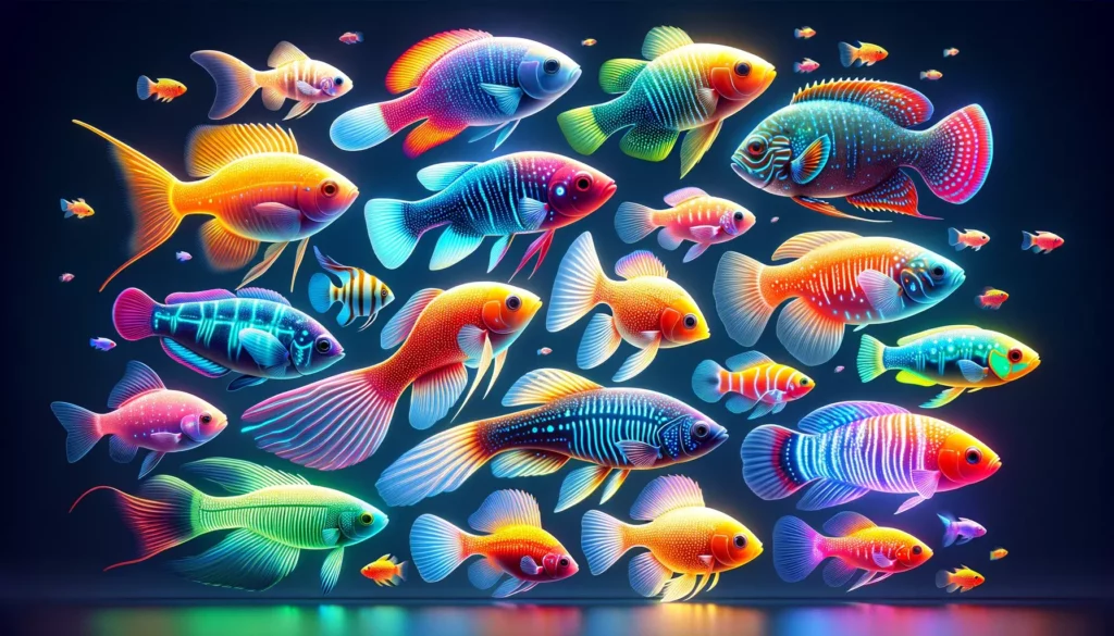 showcasing various GloFish species, highlighting their bright and unique characteristics. Each fish should be depicted