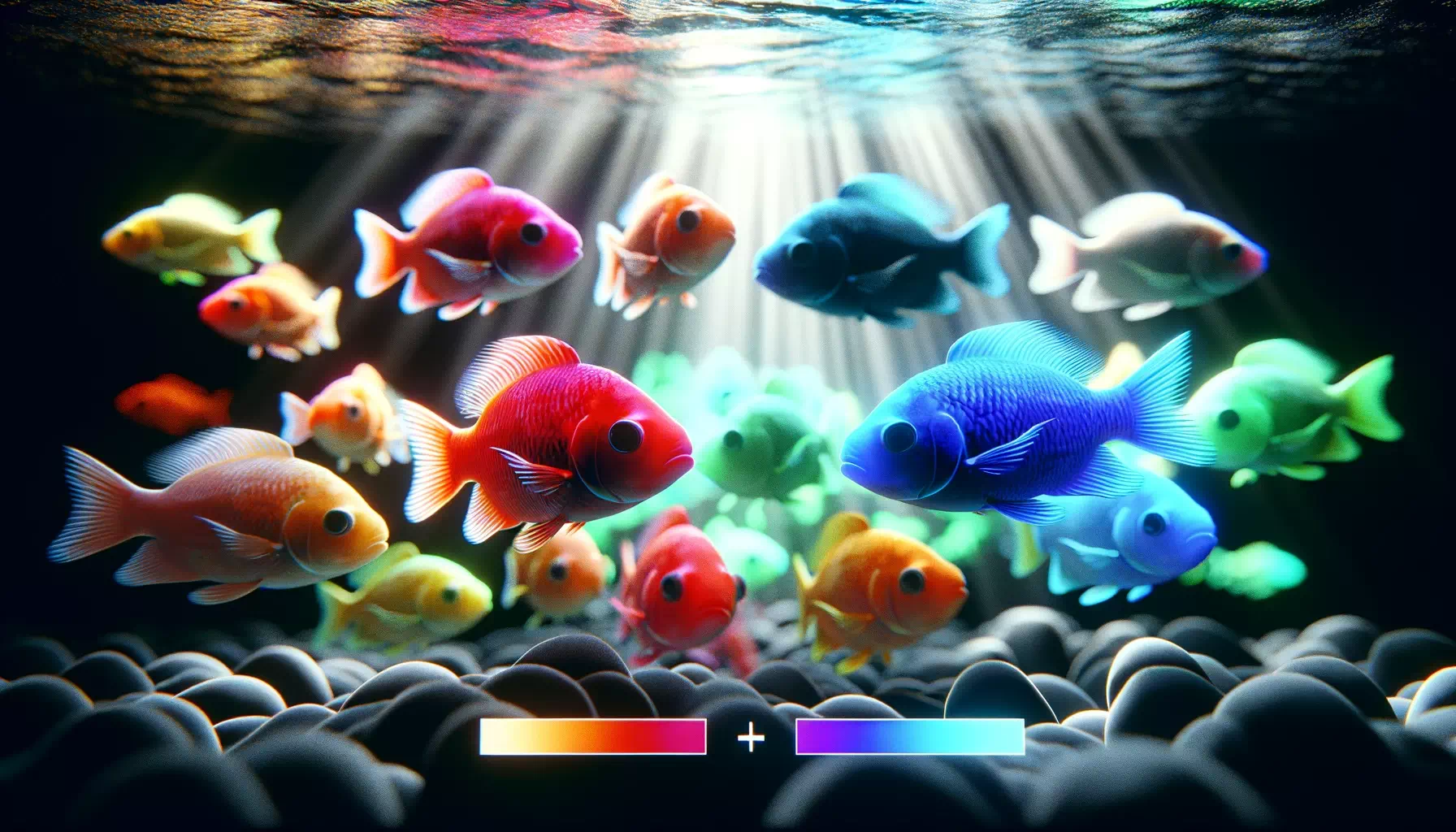 showing GloFish in an aquarium, with some exhibiting signs of color fading, symbolizing color-related health implications. The image sh