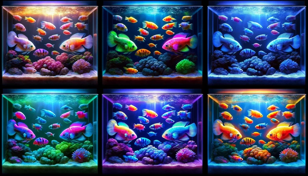 showing GloFish under different types of aquarium lighting, illustrating how their colors react and are best showcased. Create a split scene