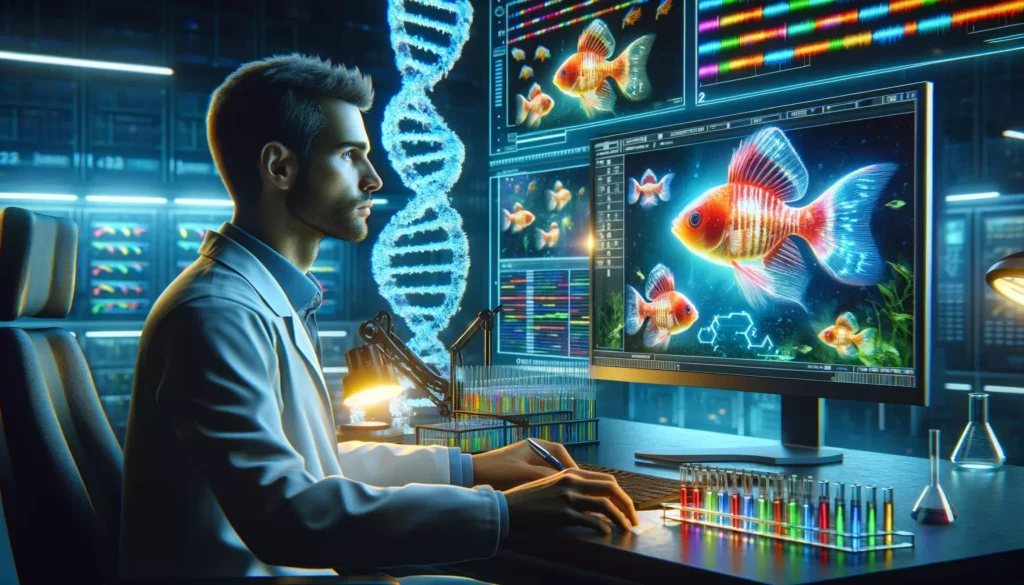 showing a geneticist in a laboratory, working on a computer screen that displays various colorful GloFish genetics. The image should be