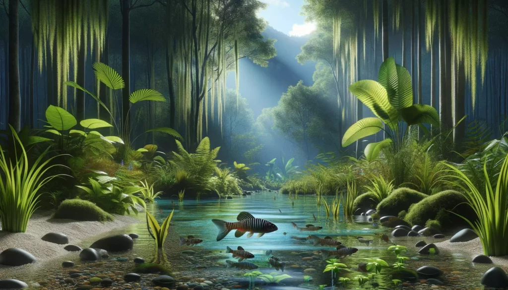 showing a serene freshwater habitat with diverse aquatic plants and clear water. The scene represents t