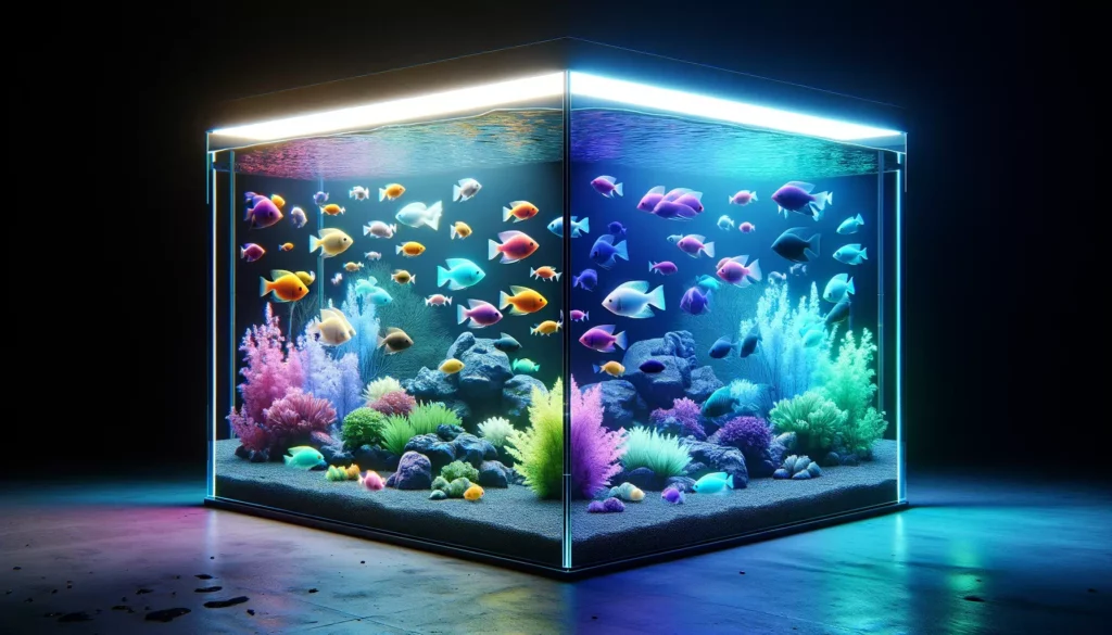 showing an aquarium environment under different lighting conditions, illustrating the impact of environmental factors on GloFish colora
