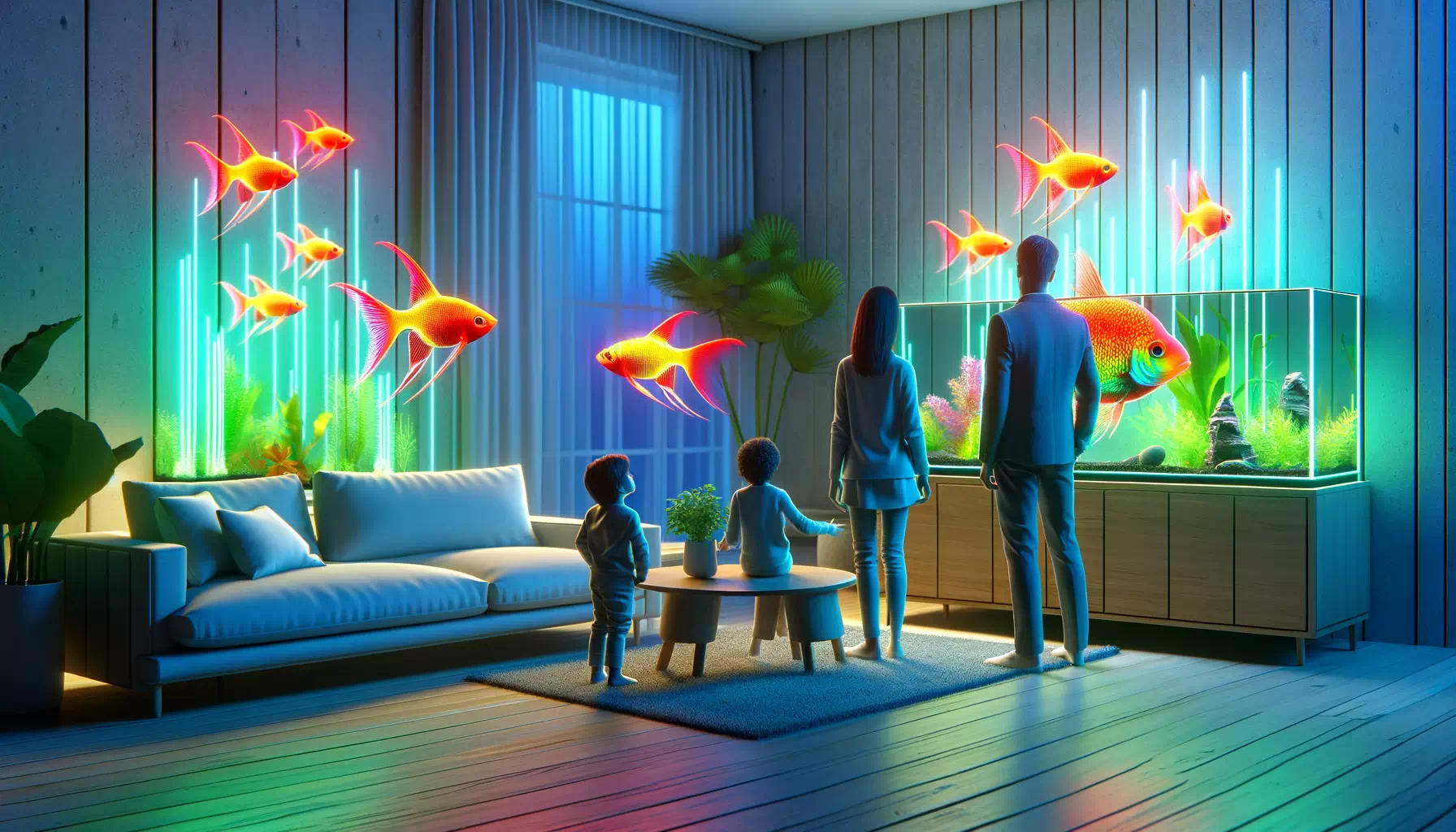 showing the impact of GloFish on the aquarium industry and consumer trends. The scene should depict a modern home setting wit