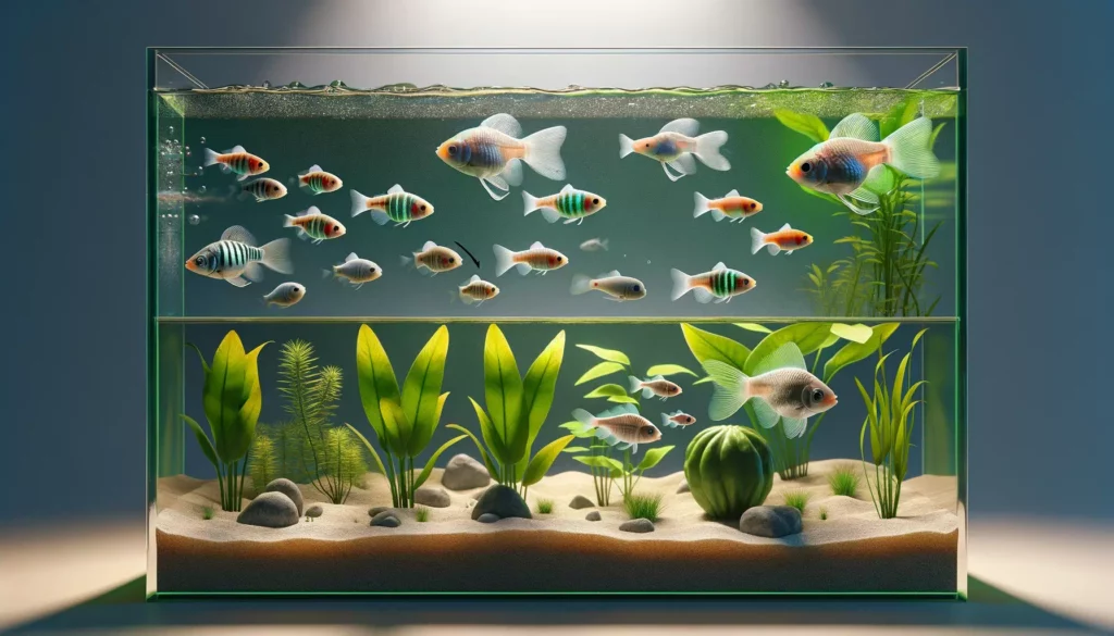 showing the lifecycle stages of GloFish in an aquarium. The image should depict GloFish at different life stages_ fry,