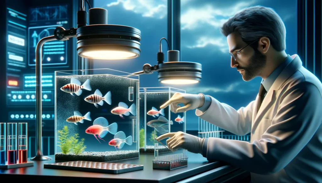 showing the selection process for the creation of the first GloFish, featuring scientists in a lab examining