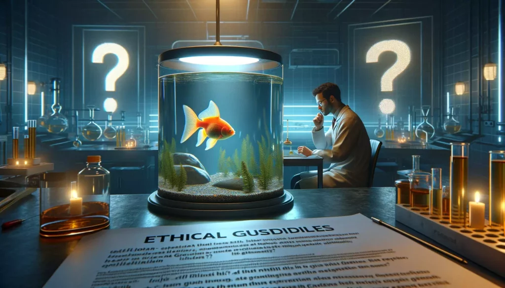 thought-provoking scene that explores the ethical aspects of genetic engineering in the animal kingdom, focusing on GloFish