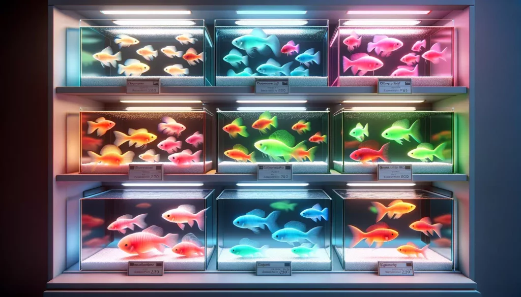 variety of GloFish in an aquarium store setting. The image should showcase different species and colors of G