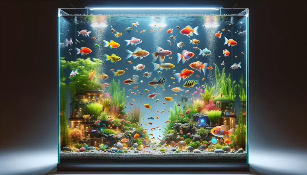 various GloFish species interacting in a community tank, highlighting their different social behaviors and interaction dyn