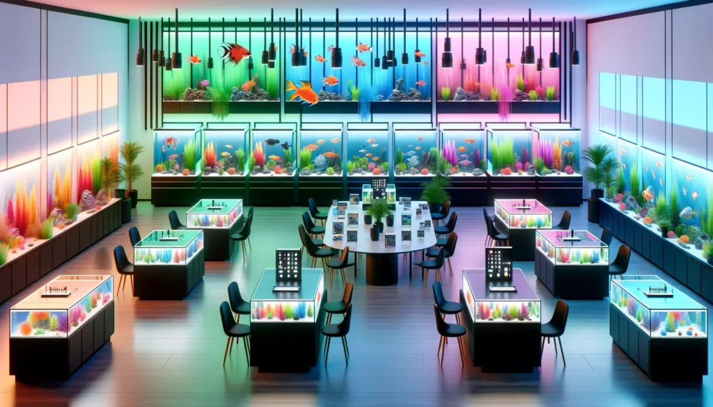 vibrant and modern aquarium store showcasing the evolution of the GloFish brand. The image should feature a variety of G
