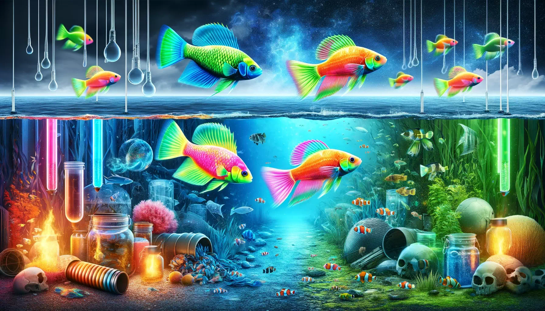 vibrant and thought-provoking scene depicting GloFish in their genetically modified, fluorescent colors, swimming alongside natural fish species in