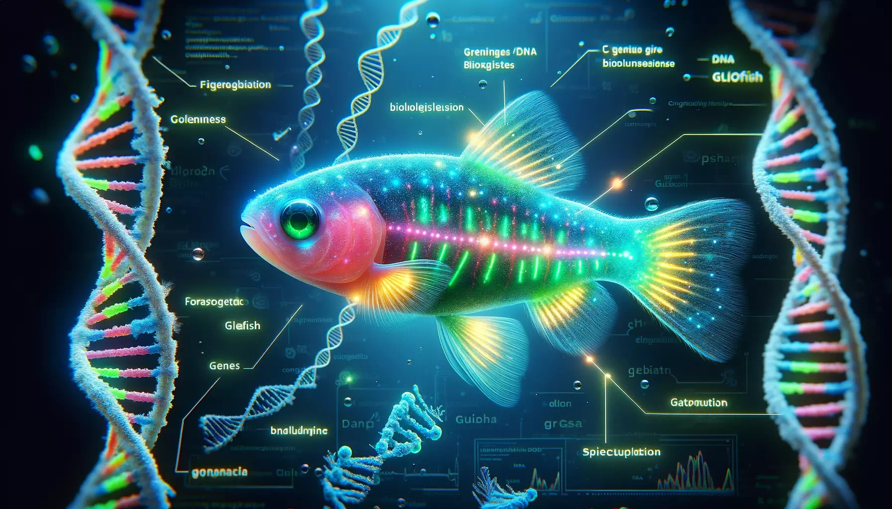 visualizing the genetic modification and genes in GloFish. The image features a close-up view of a GloFish w