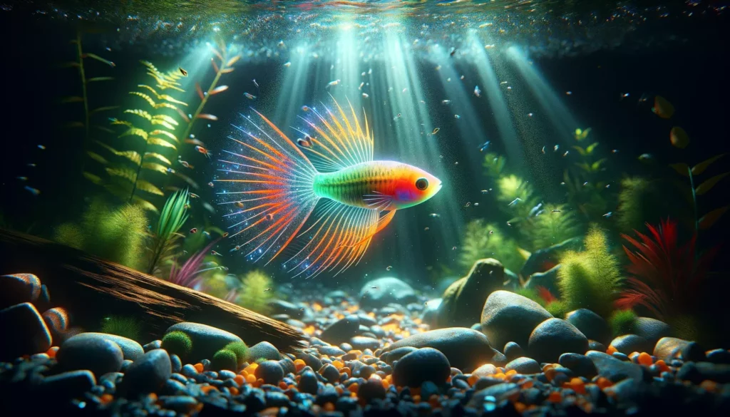 GloFish Barb in a naturalistic aquarium setting. Focus on the vivid colors and di