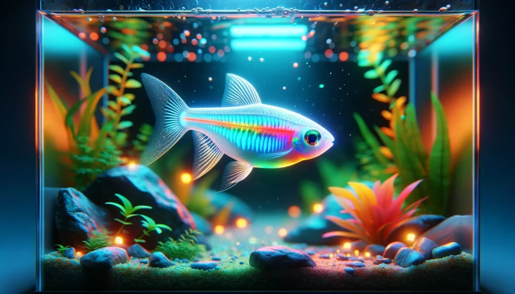 GloFish Tetra in a well-maintained aquarium. Highlight the unique shape and brigh