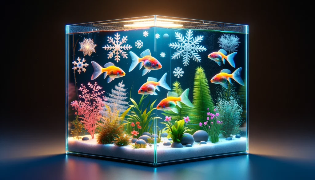 GloFish aquarium representing the seasonal conditions and GloFish breeding guide. The image should depict a detailed and realistic