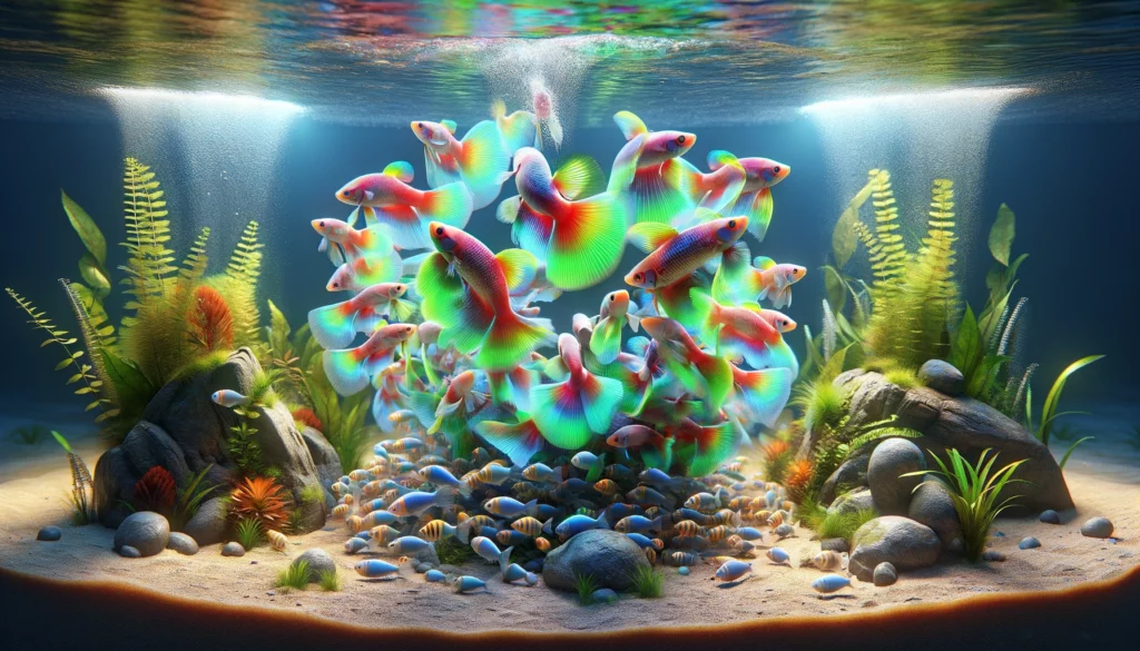behavioral signs of GloFish readiness for breeding, such as courtship dances and male activity around females. The scene