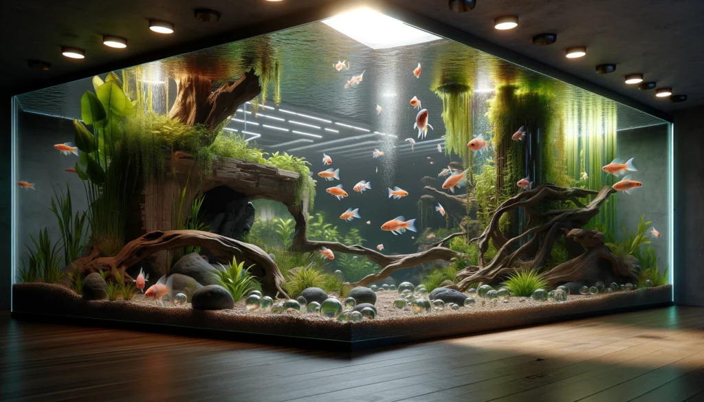 breeding aquarium for GloFish, focusing on spawning sites and hiding places. The environment is en