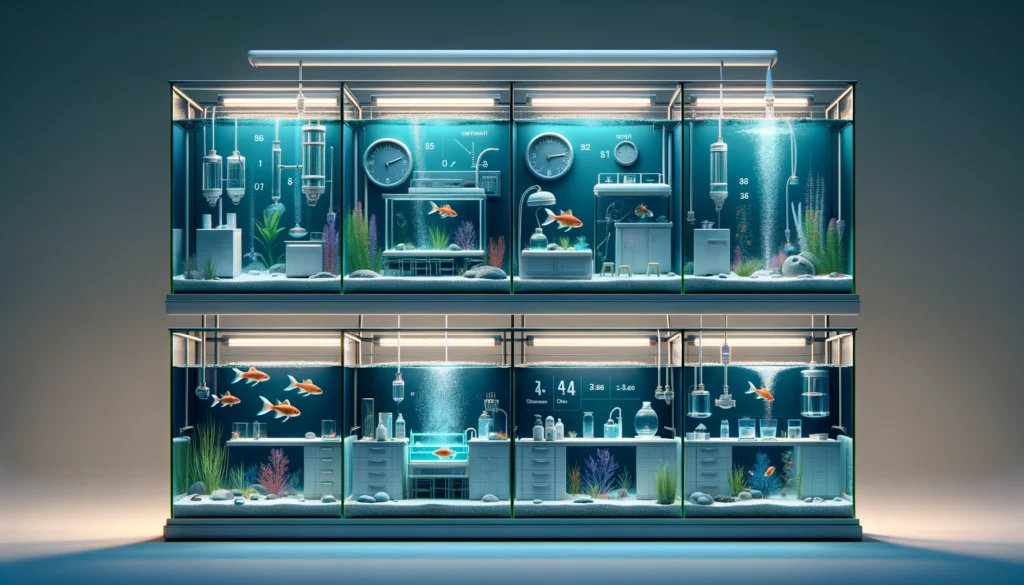 care and maintenance of an aquarium for GloFish across different seasons. The image should illustrate a well-kept aquariu