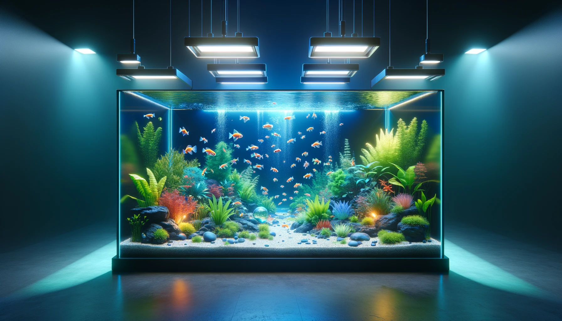 depicting the essential conditions needed for successful GloFish breeding. This image should illustrate an aquari