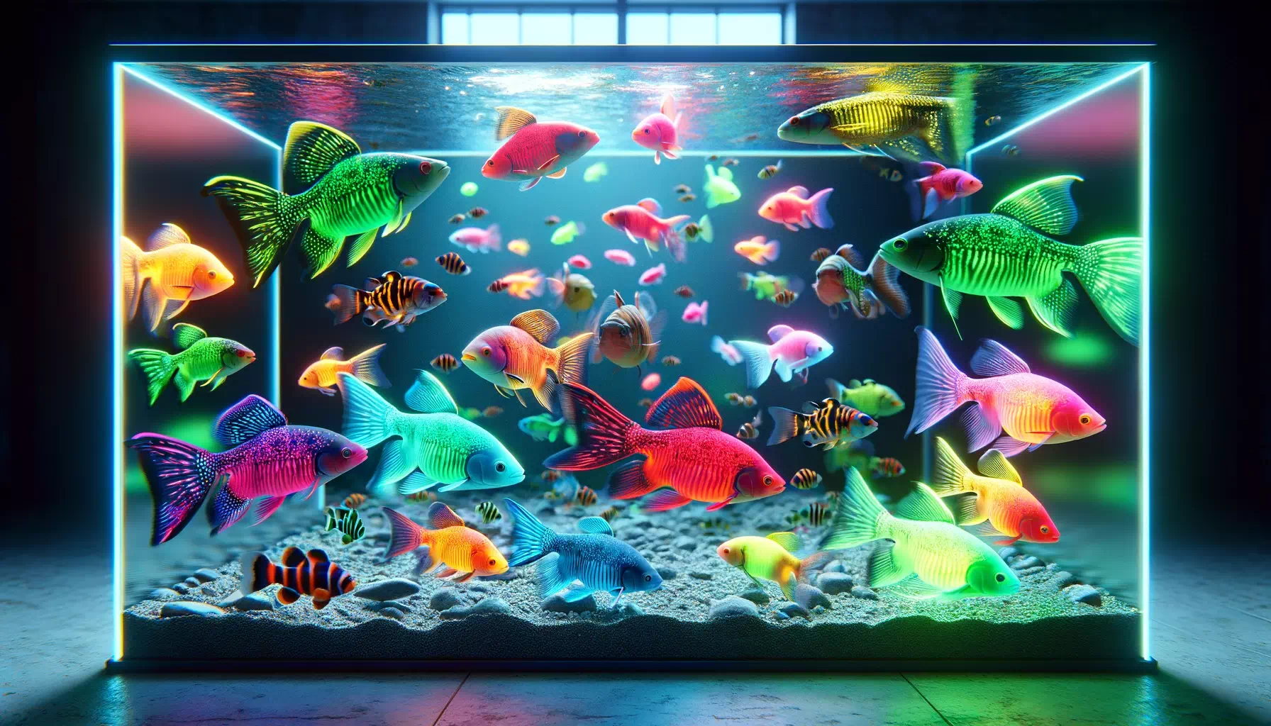 different species of GloFish in an aquarium setting. Display a variety of GloFish, ea