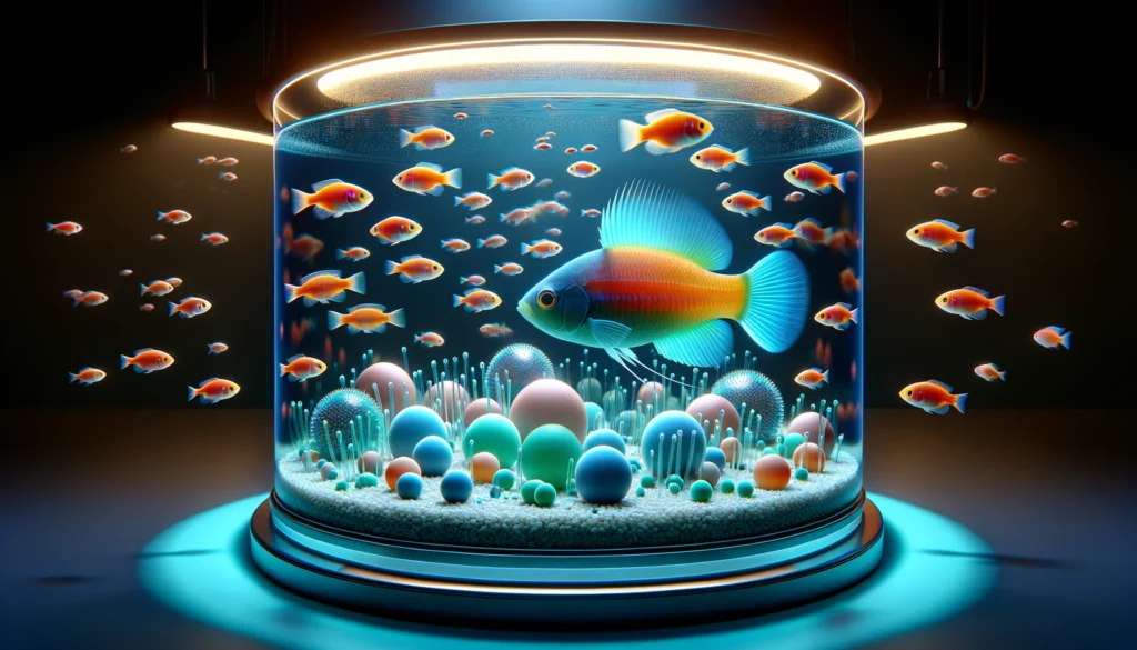 features of GloFish breeding. The scene should illustrate a detailed and realistic aquarium setting focused on GloFish