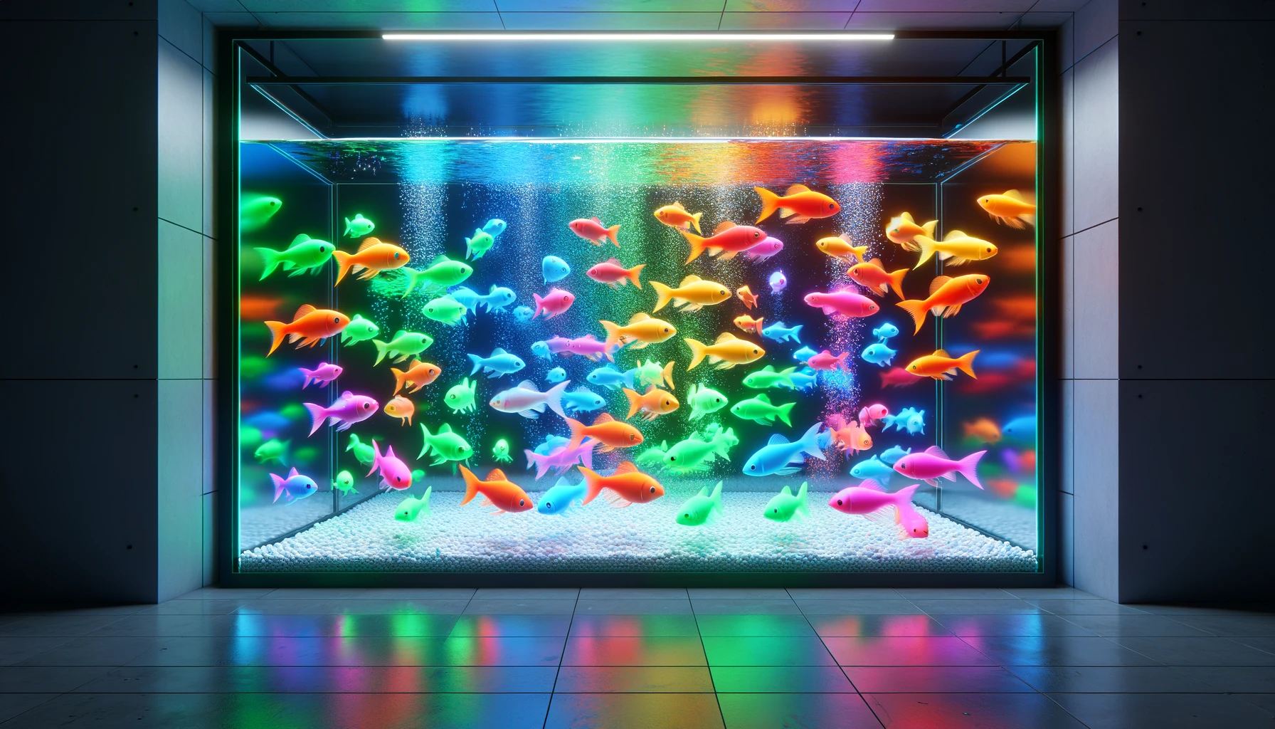 group of colorful GloFish swimming in a modern, well-lit aquarium to represent 'A Brief Description of GloFi