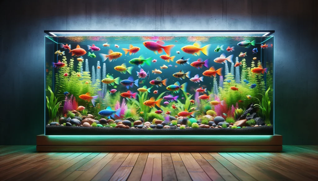 horizontal aquarium scene showcasing the popularity of GloFish. The aquarium is filled with vibrant, multi-colored