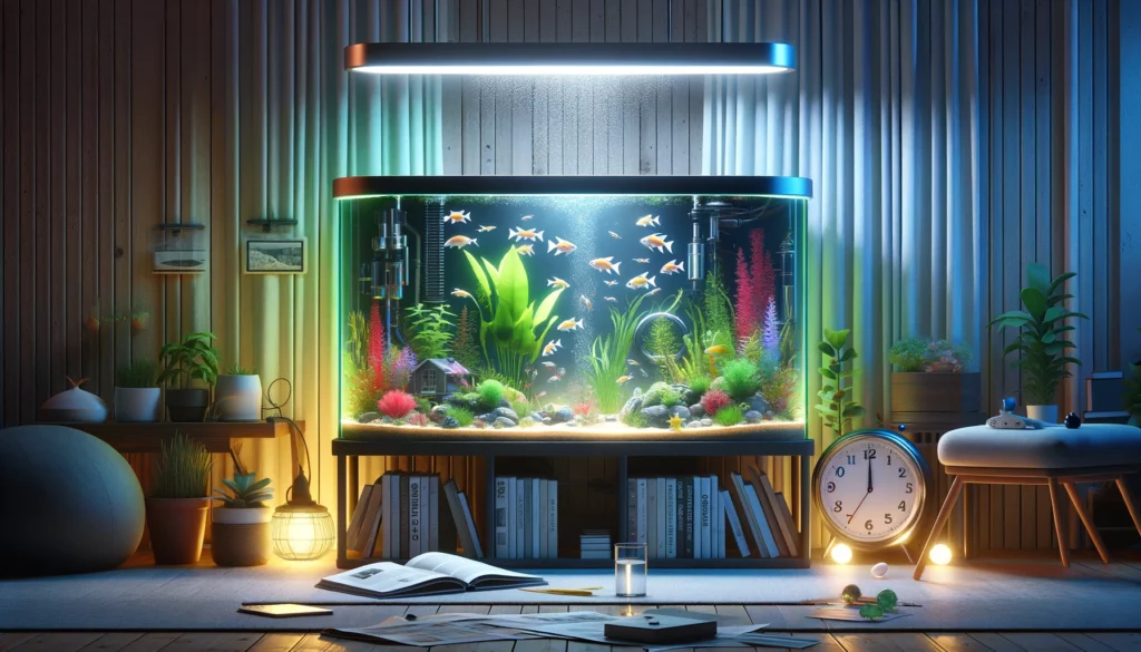 illustrating the seasonal features in caring for GloFish in an aquarium. The scene should depict a realistic aquarium with element