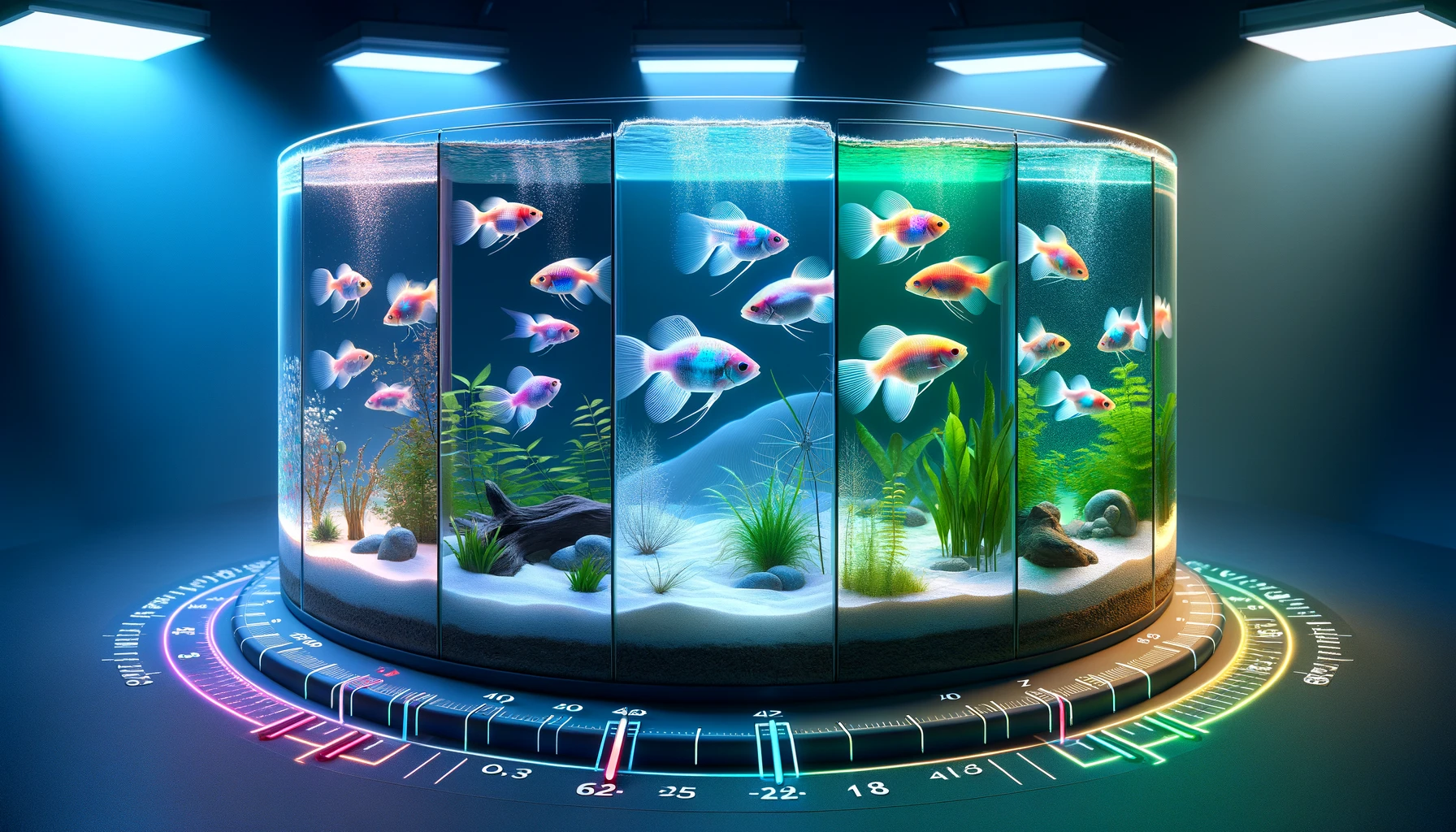 influence of season and air temperature on the breeding of GloFish in an aquarium. The scene is divided into four sect
