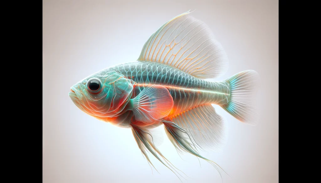 male GloFish swimming in front of a neutral background. The image focuses on the anatomy of the fish, especially hig